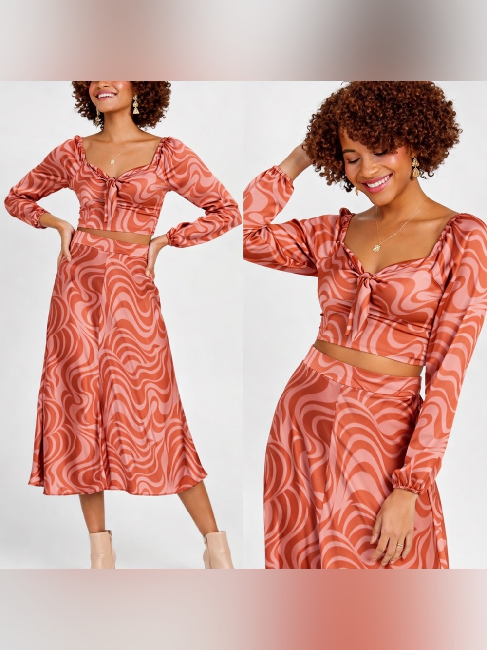 NWT Altar'd State Made in USA Swirl Satin Skirt Cropped Top Midi Dress Set M